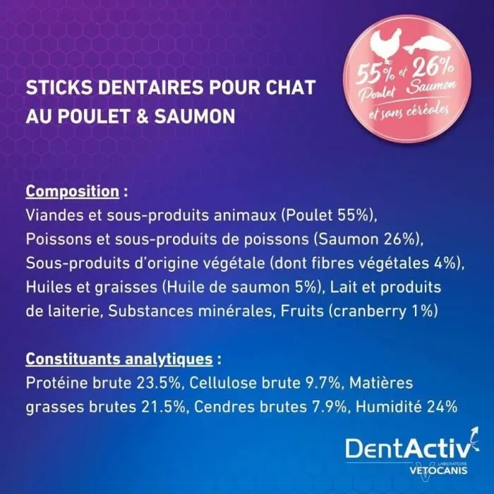 Vetocanis DentActiv Bâtonnets pour l'hygiène bucco-dentaire des chats Saveur Saumon 10 Bâtonnets 0 Vetocanis DentActiv Bâtonnets pour l'hygiène bucco-dentaire des chats Saveur Saumon 10 Bâtonnets 0