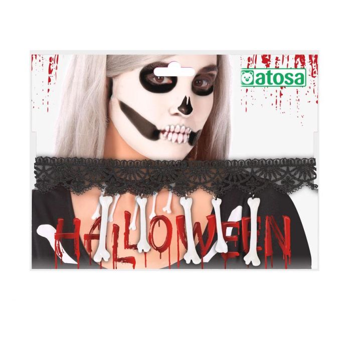 Collar pour déguisement crâne et Catrina, noir avec dentelle et pendentifs os - Accessoire Halloween et Dia de los Muertos