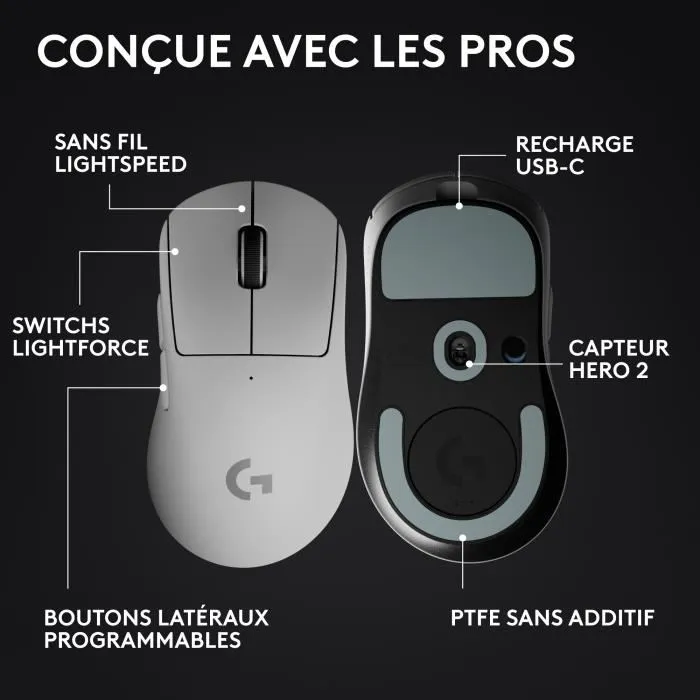 Logitech G Souris Gaming Sans Fil G Pro X Superlight 2 DEX, Capteur HERO 2, Ultra-légère, Confort Droitier, Technologie Lightspeed, Blanc