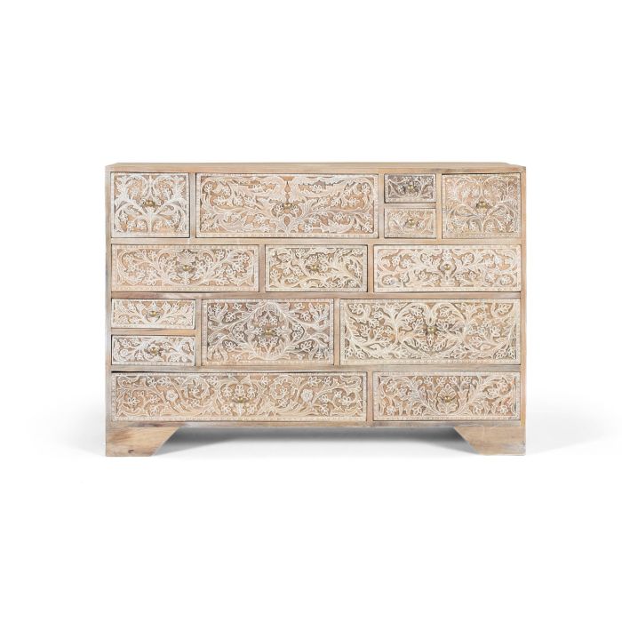 GINER Y COLOMER - Commode artisanale en bois de manguier, finition blanc décapé, avec 14 tiroirs aux motifs floraux sculptés à la main 0 GINER Y COLOMER - Commode artisanale en bois de manguier, finition blanc décapé, avec 14 tiroirs aux motifs floraux sculptés à la main 0