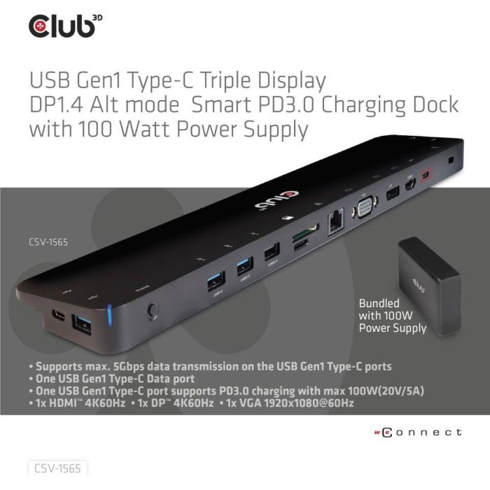 Club3D 4K ChargingDock USB-C ->5xUSB3/DP/HDMI/VGA/LAN 100W 6