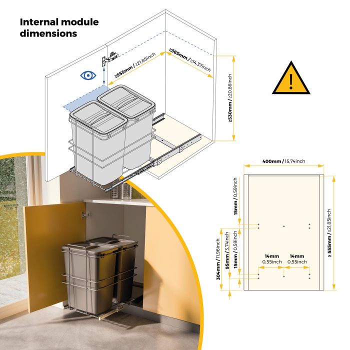 Emuca poubelle de recyclage pour montage inférieur et extraction manuelle pour meuble de cuisine Recycle 2x35litres, Plastique gris anthracite 12