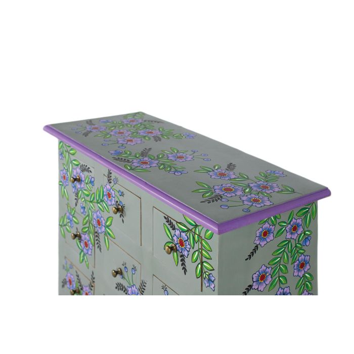 GINER Y COLOMER Commode en Mango Massif Peinte à la Main, 9 tiroirs, 70.5x31x60.5 cm, Finition Vert Gris et Motif Floral 3