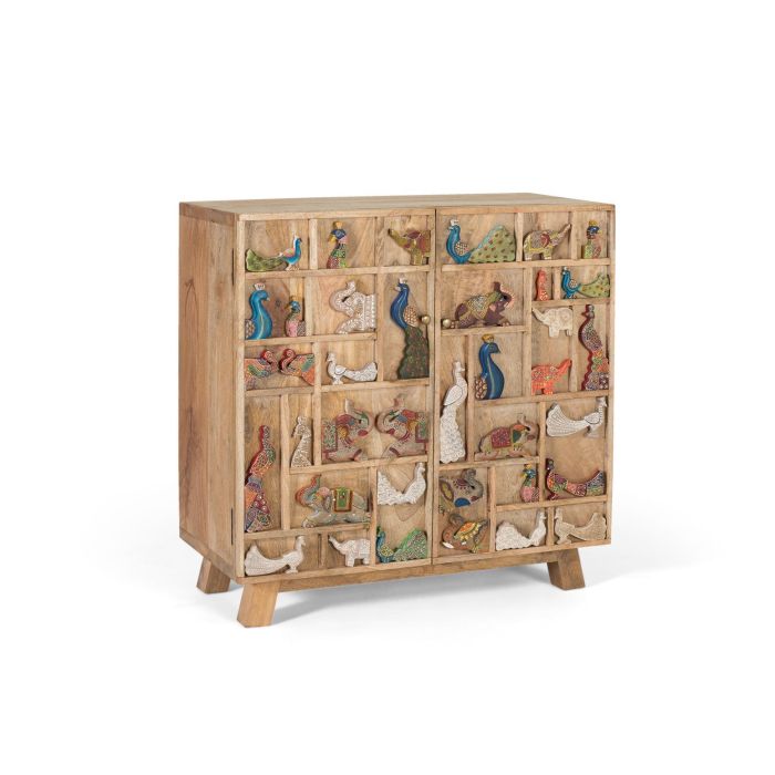 GINER Y COLOMER Commode en bois de manguier naturel avec 2 portes à reliefs d'animaux peints à main et étagère intérieure, 4 pieds robustes 0 GINER Y COLOMER Commode en bois de manguier naturel avec 2 portes à reliefs d'animaux peints à main et étagère intérieure, 4 pieds robustes 0