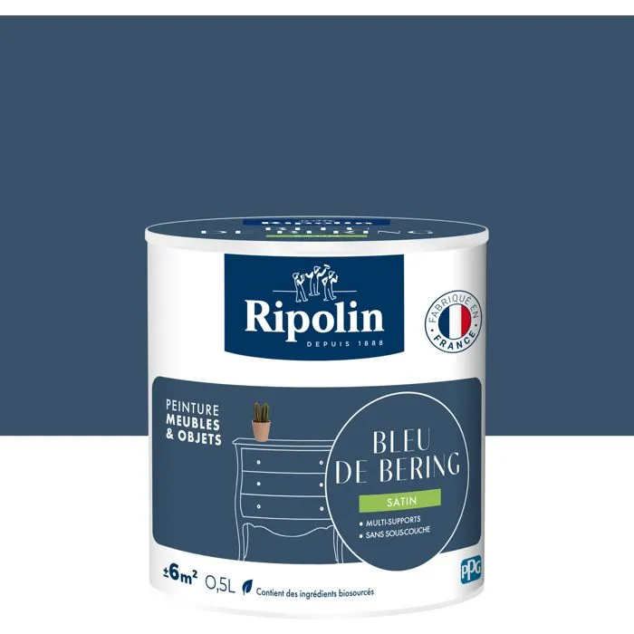 Ripolin - Peinture pour meubles et objets satinée, Bleu de Bering, 0,5L - Pour bois, mélaminé, métal - Intérieur et extérieur
