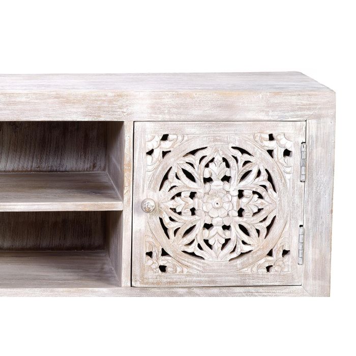 GINER Y COLOMER Meuble TV en bois de manguier massif avec portes et pieds métal, finition blanc vieilli et gris, 130x55x40 cm 5 GINER Y COLOMER Meuble TV en bois de manguier massif avec portes et pieds métal, finition blanc vieilli et gris, 130x55x40 cm 5
