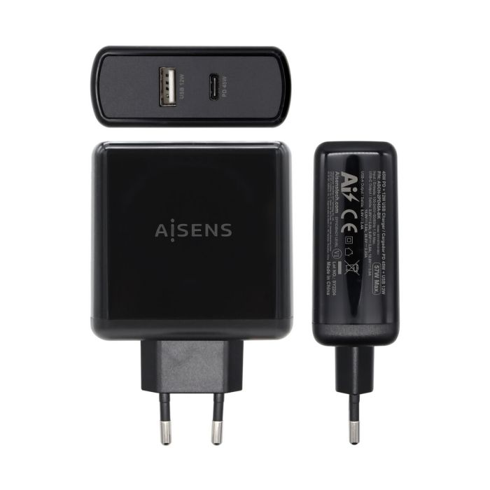 Chargeur Voiture Mur Aisens ASCH-2PD45A-BK 57 W Noir USB-C 2 Chargeur Voiture Mur Aisens ASCH-2PD45A-BK 57 W Noir USB-C 2