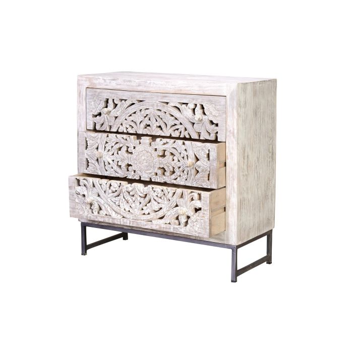 GINER Y COLOMER Buffet 3 tiroirs en bois de manguier et métal, finition blanc vieilli et piètement gris, 80x80x35 cm 2 GINER Y COLOMER Buffet 3 tiroirs en bois de manguier et métal, finition blanc vieilli et piètement gris, 80x80x35 cm 2