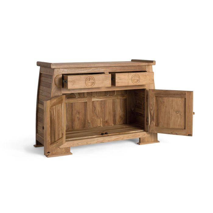 GINER Y COLOMER - Buffet en bois de teca massif style oriental avec 2 tiroirs et 2 portes sculptées, finition naturelle rustique - Dimensions L110 x P41 x H77 cm