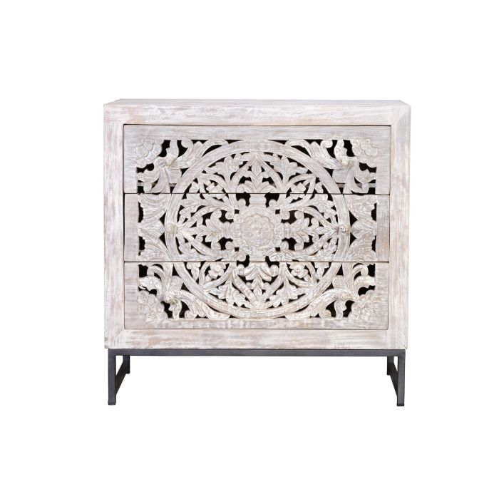 GINER Y COLOMER Buffet 3 tiroirs en bois de manguier et métal, finition blanc vieilli et piètement gris, 80x80x35 cm 1 GINER Y COLOMER Buffet 3 tiroirs en bois de manguier et métal, finition blanc vieilli et piètement gris, 80x80x35 cm 1
