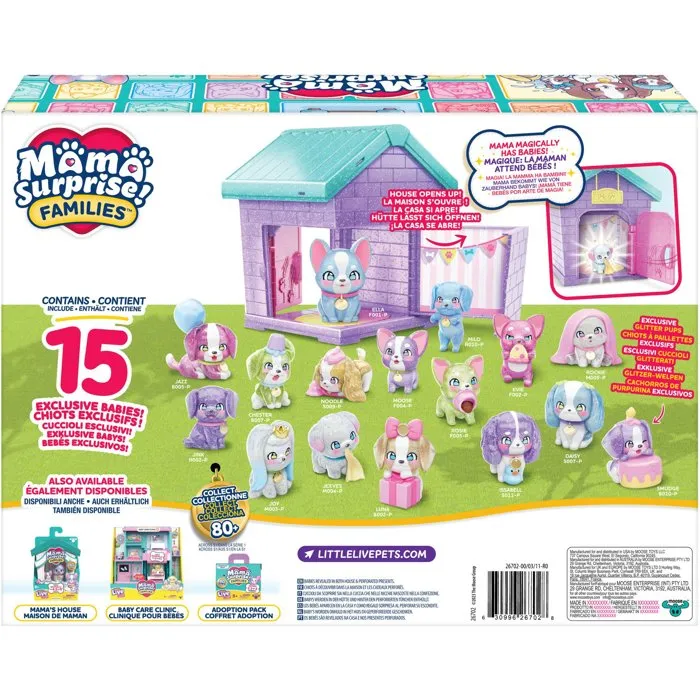 Little Live Pets - Coffret Fête des Chiots Mama Surprise - 1 Maman et 15 Chiots Jouets, Niche à Personnaliser et Autocollants - À Partir de 5 Ans
