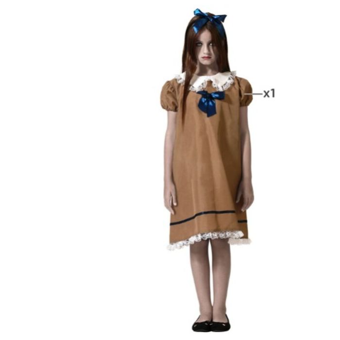 Déguisement de Poupée Vintage Effrayante, Marron avec Nœud Bleu - Pour Fille 10-12 Ans, Halloween, Fête Thématique, Confortable en Polyester