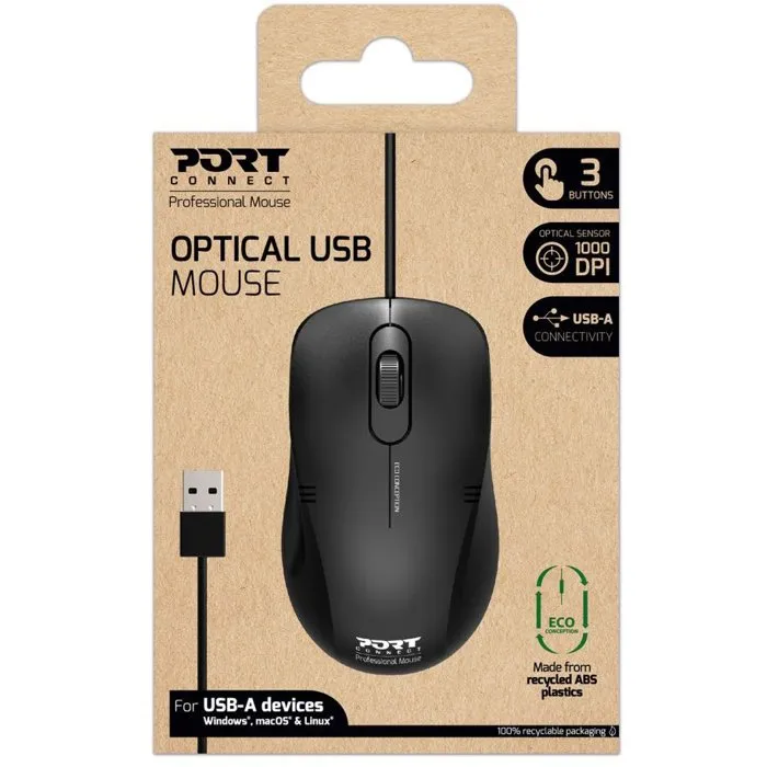 PORT Designs Souris filaire USB-A 1000 DPI Noir - Modèle 900400-PRO - Ergonomique et durable, plus de 30 millions de clics, pour Windows et MacOS PORT Designs Souris filaire USB-A 1000 DPI Noir - Modèle 900400-PRO - Ergonomique et durable, plus de 30 millions de clics, pour Windows et MacOS