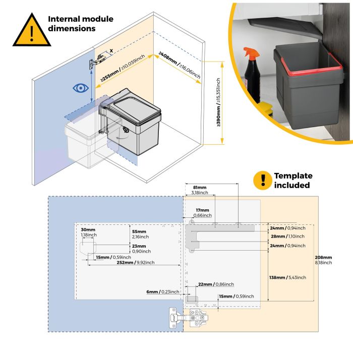 Emuca Bac de tri sélectif pour montage sur porte de meuble Recycle, 1 bac extractible de 15 litres, Plastique gris anthracite 7