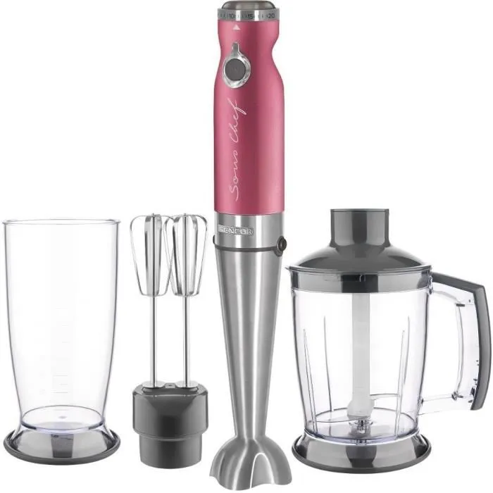 Sencor SHB 5604RD-EUE3 Mixeur Plongeant 4 en 1, 1200 W, Lames Titane QuadBlade, Moteur Silencieux, Accessoires Inox (Gobelet 800 ml, Hachoir, Fouet)