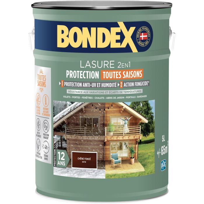 Lasure 2 en 1 protection extérieure - Chene Moyen - Satin - Protection 12 ans - Toutes saisons - Bondex - 5L 0 Lasure 2 en 1 protection extérieure - Chene Moyen - Satin - Protection 12 ans - Toutes saisons - Bondex - 5L 0