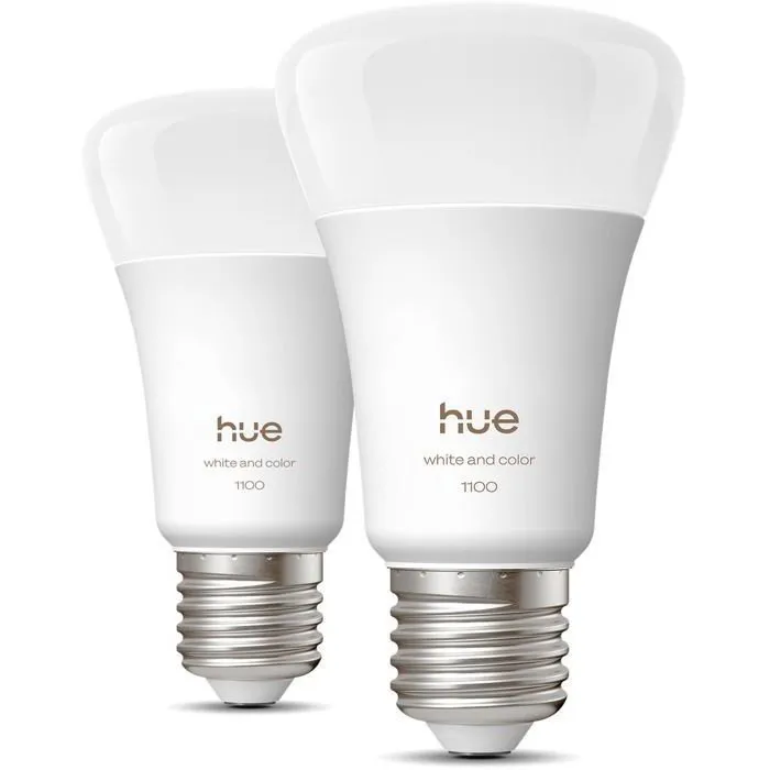 Philips Hue - Pack de 2 ampoules LED connectées E27 A60 8.1W - Lumiere blanche (1000-2000K) et couleur - 1100 lumens - Avec technologie Chromasync Philips Hue - Pack de 2 ampoules LED connectées E27 A60 8.1W - Lumiere blanche (1000-2000K) et couleur - 1100 lumens - Avec technologie Chromasync