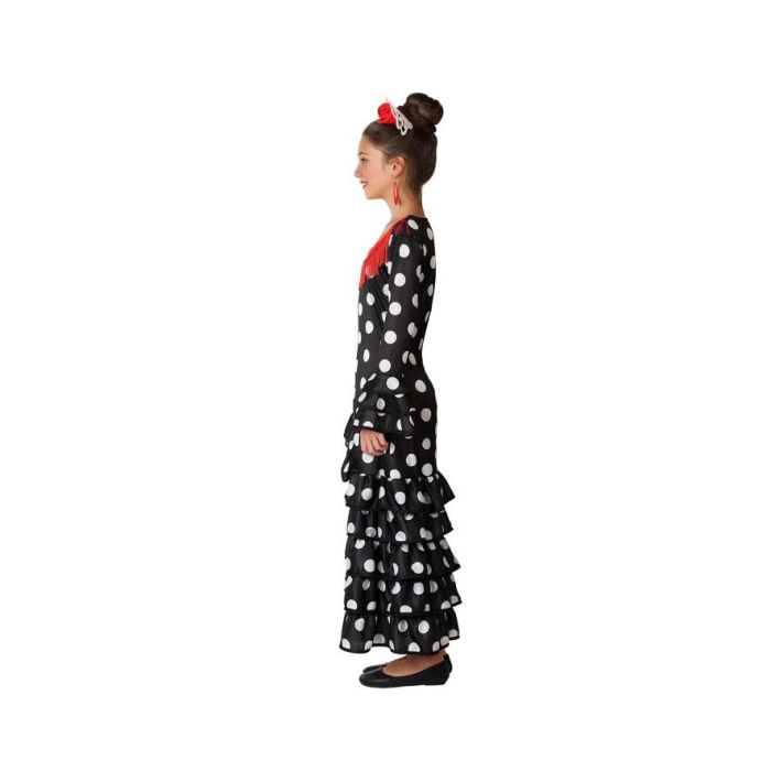 Déguisement Flamenco Andalou pour Fille, Robe Noire à Pois Blancs et Volants Rouges - Taille 3-4 Ans