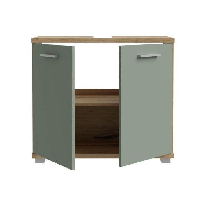 Meuble sous-lavabo - 2 portes - Décor chene & vert sauge - L69,9 x P28,9 x H62 cm - CHAMP 3 Meuble sous-lavabo - 2 portes - Décor chene & vert sauge - L69,9 x P28,9 x H62 cm - CHAMP 3