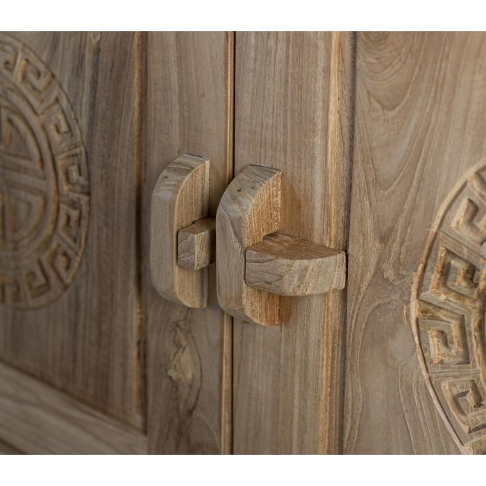 GINER Y COLOMER - Buffet en bois de teca massif style oriental avec 2 tiroirs et 2 portes sculptées, finition naturelle rustique - Dimensions L110 x P41 x H77 cm