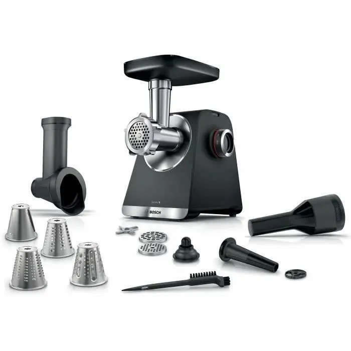 Bosch MFWS640B - Hachoir à viande série 6, 500 W, capacité 3.5 kg/min, 3 grilles, kit kebbés, filière à saucisses, râpeur/éminceur, noir Bosch MFWS640B - Hachoir à viande série 6, 500 W, capacité 3.5 kg/min, 3 grilles, kit kebbés, filière à saucisses, râpeur/éminceur, noir