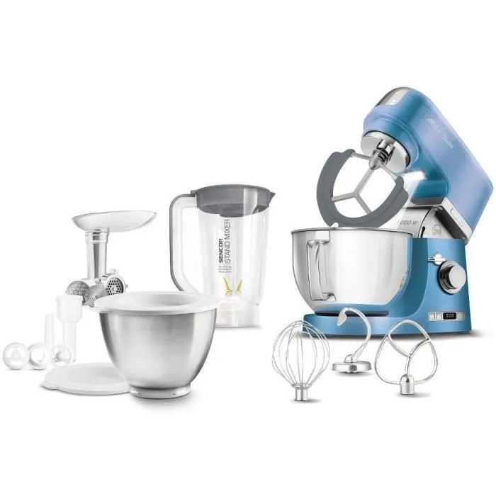 Sencor STM 7872BL Robot Pâtissier avec Mélangeur, 1000 W, Bol Inox 4.5 L, 8 Vitesses, Fonction Pulse, Écran LED et Éclairage - Accessoires Inclus