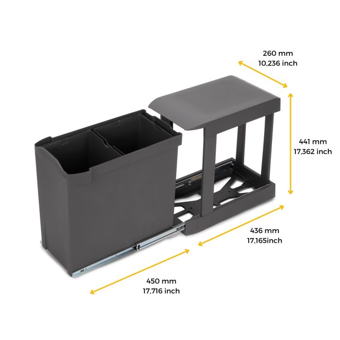 Emuca Poubelles de recyclage pour la cuisine, 2 x 14L, fixation inférieure et extraction automatique, Acier et Plastique, Gris antracite 10