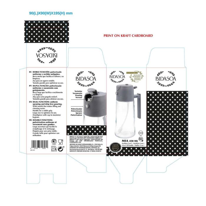 Aceitera Spray y Vertedor Vidrio Mia Bidasoa 450 mL 1