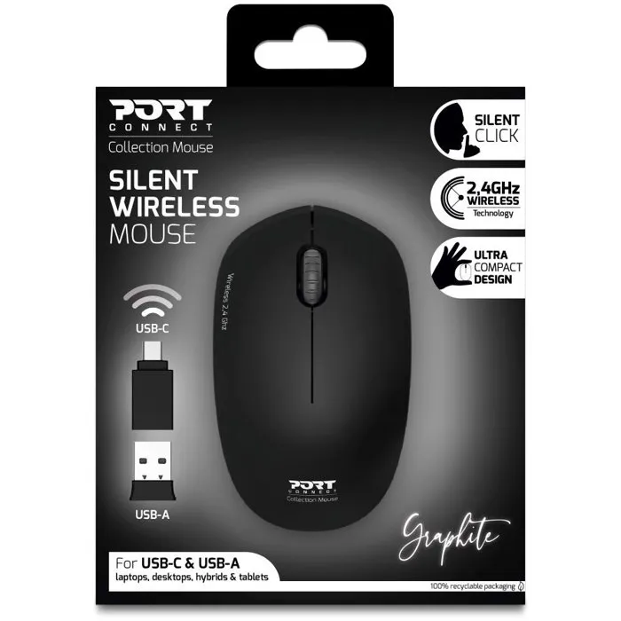 PORT Designs 900540 - Souris sans fil Collection II 2.4 GHz, Design ultra-compact et silencieux, Graphite Noir