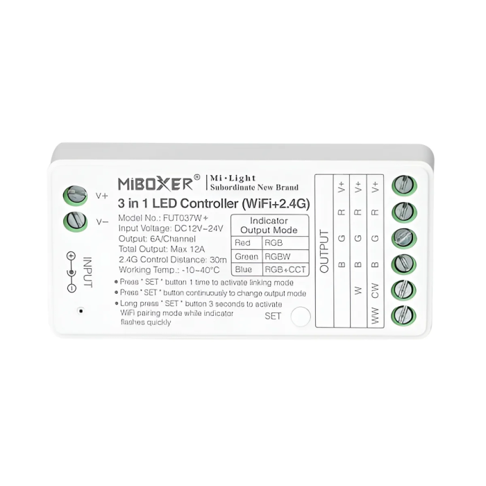 Contrôleur LED 3-en-1 RGB, RGBW, RGB+CCT 2.4GHz HLP-E3-RF 12V/24V 12A RF 1