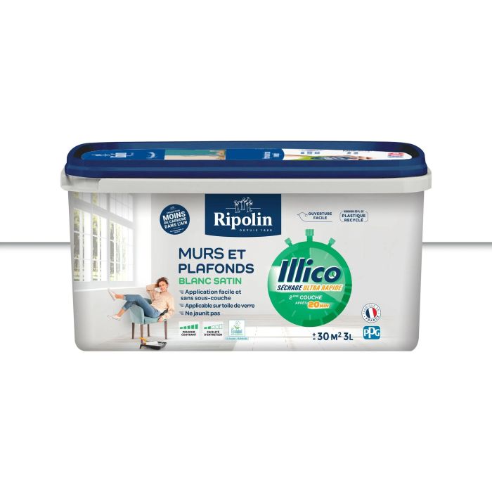 Ripolin - Peinture pour murs et plafonds, finition satinée, blanc, format 3 L, fabrication française Ripolin - Peinture pour murs et plafonds, finition satinée, blanc, format 3 L, fabrication française