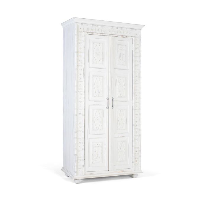 GINER Y COLOMER - Armoire 2 portes en bois de mango, finition blanc décapé patiné avec détails métalliques dorés et 3 étagères intérieures 1 GINER Y COLOMER - Armoire 2 portes en bois de mango, finition blanc décapé patiné avec détails métalliques dorés et 3 étagères intérieures 1