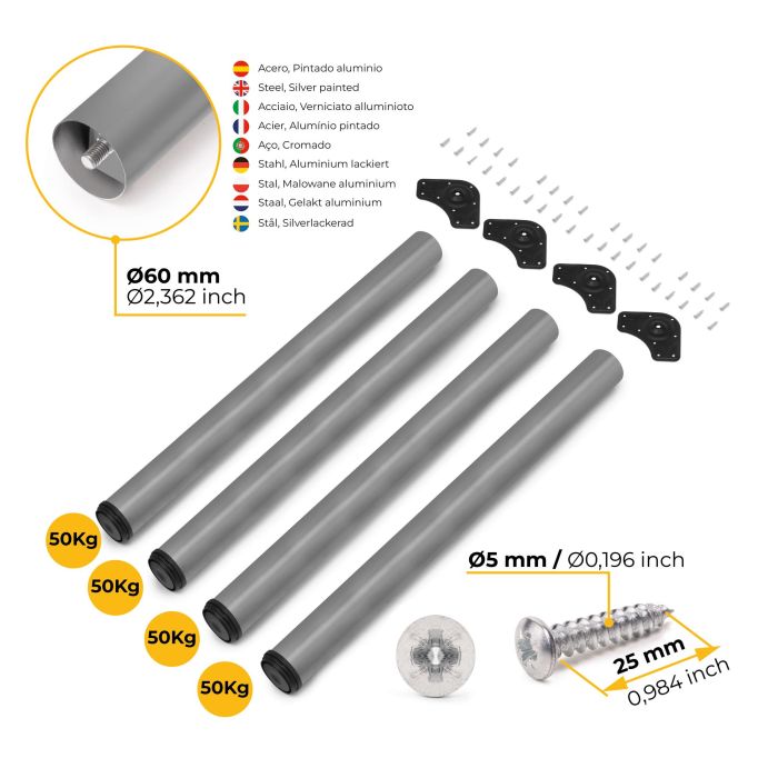 Emuca Lot de 4 pieds de table, diamètre 60mm, H 830mm, Acier, Peint en aluminium 9