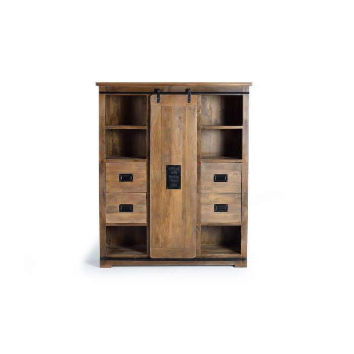 GINER Y COLOMER Armario de Estilo Industrial - Buffet industriel en bois de manguier avec 4 tiroirs, porte coulissante et détails métalliques, finition naturelle 170 x 140 x 45 cm 1