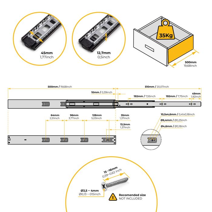 Emuca Lot de 5 jeux de Coulisses pour tiroirs, roulement à billes, hauteur 45mm, profondeur 500mm, sortie totale, fermeture amortie, Noir 12