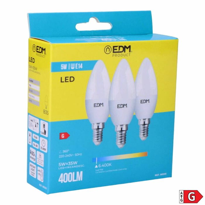 Pack de 3 ampoules LED EDM 98205 G 35 W 5 W 50 W E14 400 lm Ø 3,6 x 10 cm (6400 K) 4