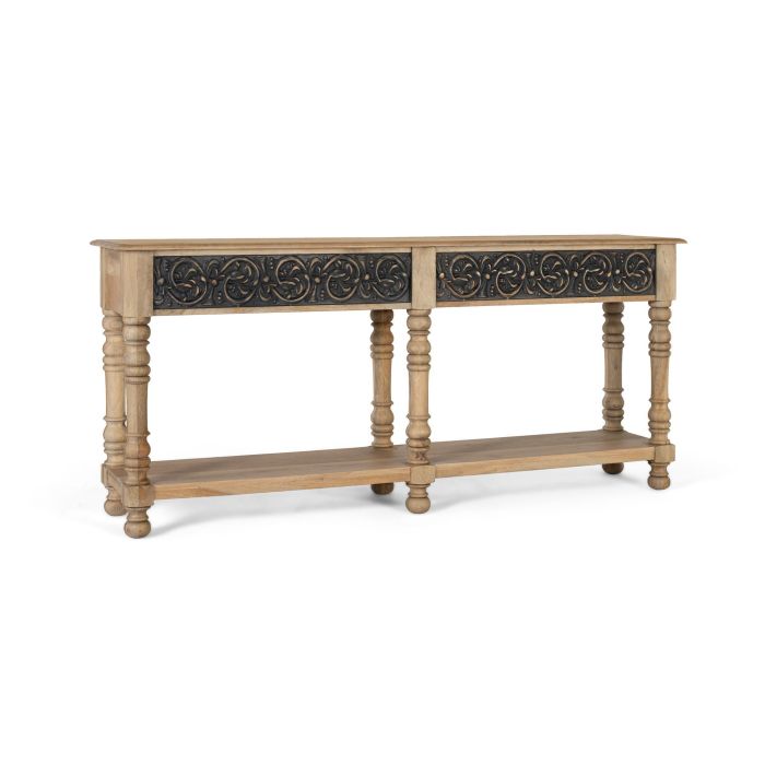 GINER Y COLOMER - Console d'entrée en bois de manguier design artisanal, finition naturelle et gris patiné, avec étagère inférieure - 174 cm 1