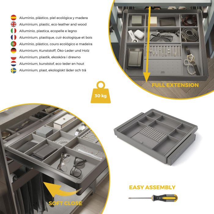 Emuca Kit tiroir organisateur et rack ajustable Quartz pour armoires, glissières extension totale et à fermeture douce, Module 60cm, Finition Titane 6 Emuca Kit tiroir organisateur et rack ajustable Quartz pour armoires, glissières extension totale et à fermeture douce, Module 60cm, Finition Titane 6