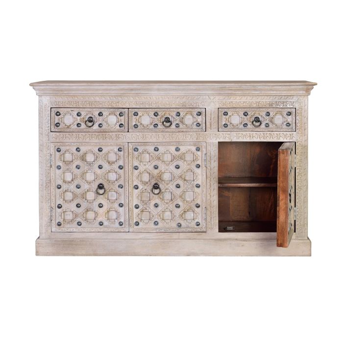 GINER Y COLOMER Buffet artisanal en bois de manguier naturel avec 3 portes et 3 tiroirs, finition patine blanche et détails en fer vieilli - Style BAKRA (92x150x40 cm) 2