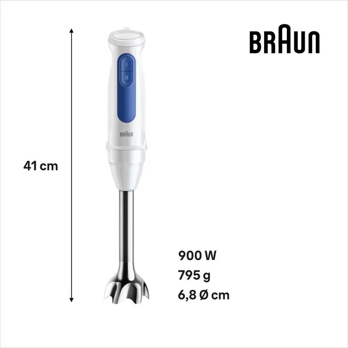 Braun - Mixeur plongeant MultiQuick MQ30001M - 900 W - 2 vitesses - Technologie PowerBell VPlus - Blanc et Bleu