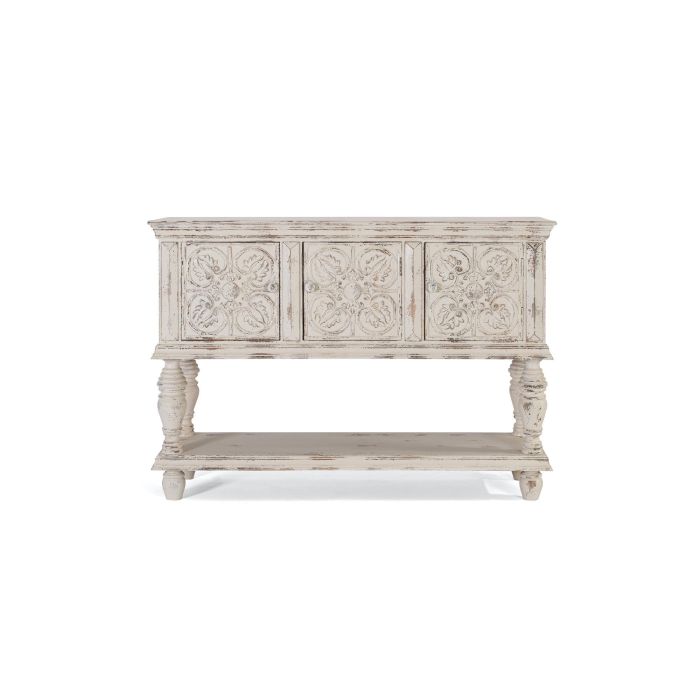 GINER Y COLOMER Console en Bois de Mango Blanc Décaper 3 Portes Sculptées Main avec Étagère Inférieure et Pieds Tournés - 148x44x103 cm 0 GINER Y COLOMER Console en Bois de Mango Blanc Décaper 3 Portes Sculptées Main avec Étagère Inférieure et Pieds Tournés - 148x44x103 cm 0