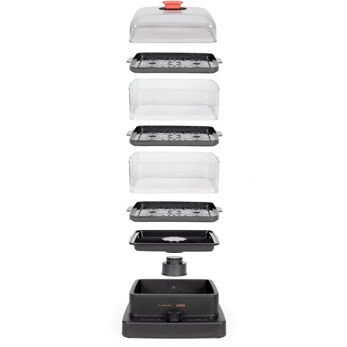 Livoo DOC300 Cuiseur Vapeur 3 Paniers 12L - 1000-1200W - Marque Livoo x Marmiton avec 20 Recettes Exclusives - Minuteur 60 Min