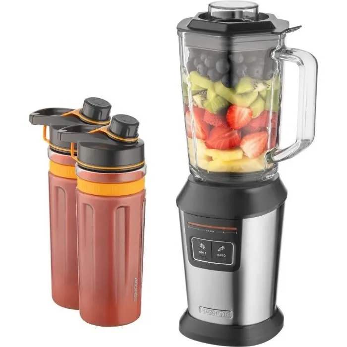 Sencor SBL 7550SS - Blender Mixeur Smoothie - 800 W - 2 Programmes - Récipient Verre 0,9 L et 2 Bouteilles TRITAN sans BPA - Lames Acier Inoxydable