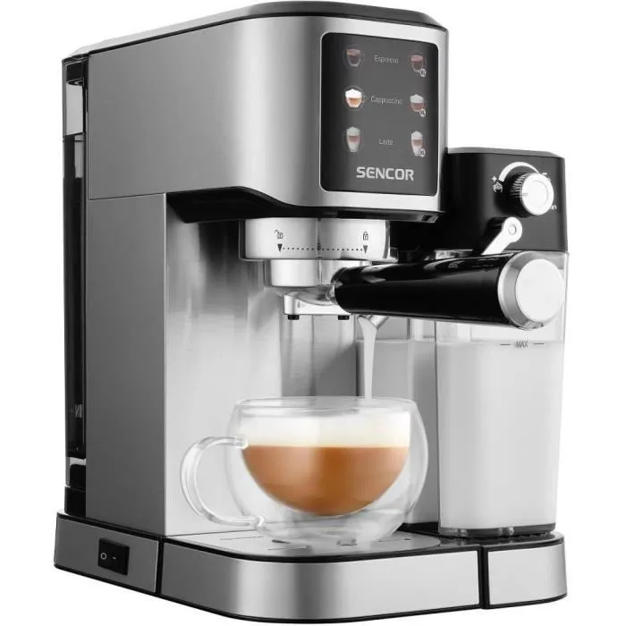 Sencor SES 4910SS Machine à expresso semi-automatique 20 bars avec panneau One Touch, réservoir 1L et pré-infusion, pour espresso, latte, cappuccino