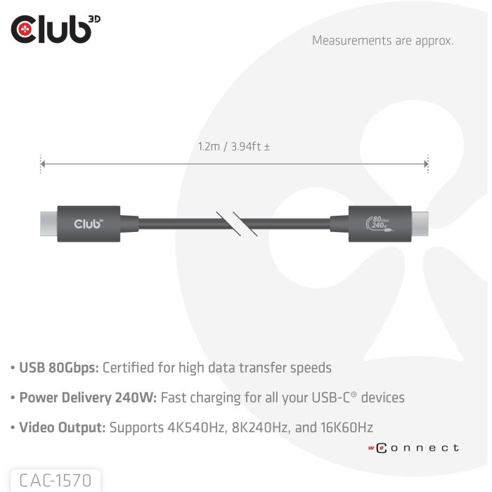 Club3D Kabel USB-C 80Gbps zertifi. PD240W/8K240Hz 1.2m St/St 3