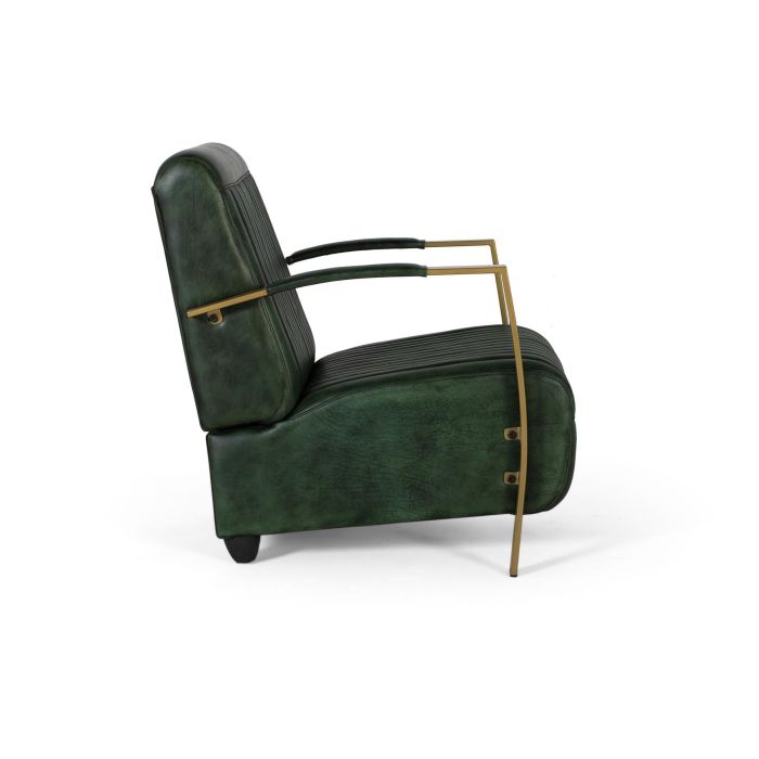 GINER Y COLOMER - Fauteuil en cuir naturel vert avec structure métallique dorée, dossier et assise rembourrés, piètement en bois foncé 2 GINER Y COLOMER - Fauteuil en cuir naturel vert avec structure métallique dorée, dossier et assise rembourrés, piètement en bois foncé 2