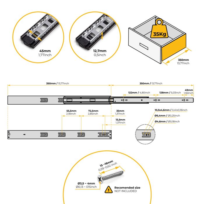 Emuca Lot de 5 jeux de Coulisses pour tiroirs, roulement à billes, hauteur 45mm, profondeur 350mm, sortie totale, fermeture amortie, Noir 11