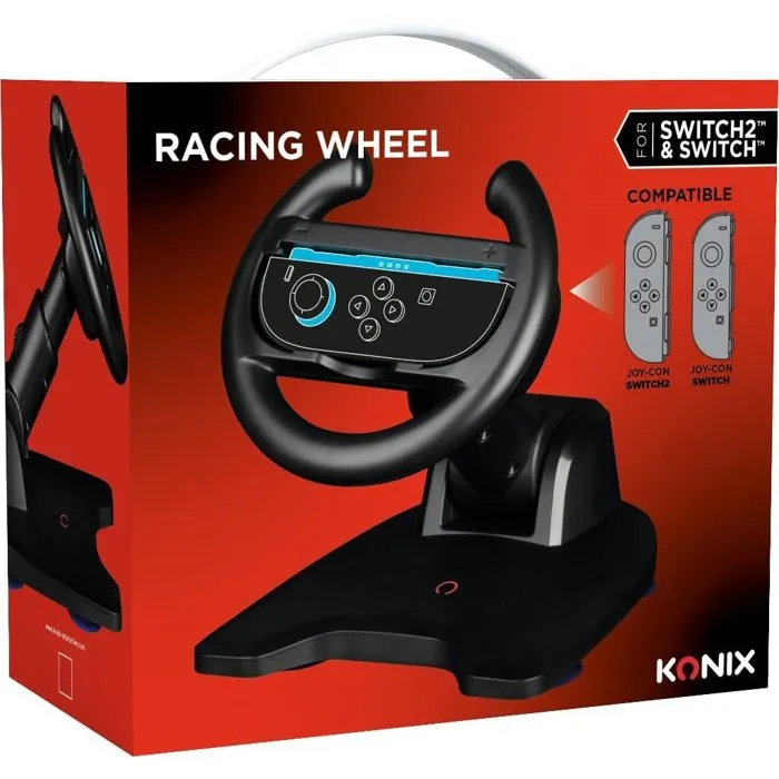 Konix Volant de Course avec Ventouse pour Joy-Con Nintendo Switch 1 et 2 - Compatible Mario Kart World - Confortable, Compact et Pliable - Noir Konix Volant de Course avec Ventouse pour Joy-Con Nintendo Switch 1 et 2 - Compatible Mario Kart World - Confortable, Compact et Pliable - Noir