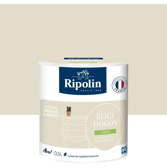Ripolin - Peinture Meubles & Objets - 0,5 L - Beige Dogon - Satiné - Pour Bois, Mélaminé, Stratifié, Métal - Intérieur/Extérieur - Sans Sous-couche - 10% Biosourcée