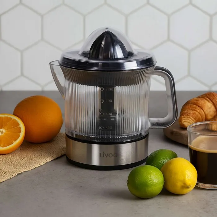 Livoo Presse-agrumes électrique DOD210, 40 W, avec cône grand et petit, bol 700 ml, rotation double sens, inox/noir